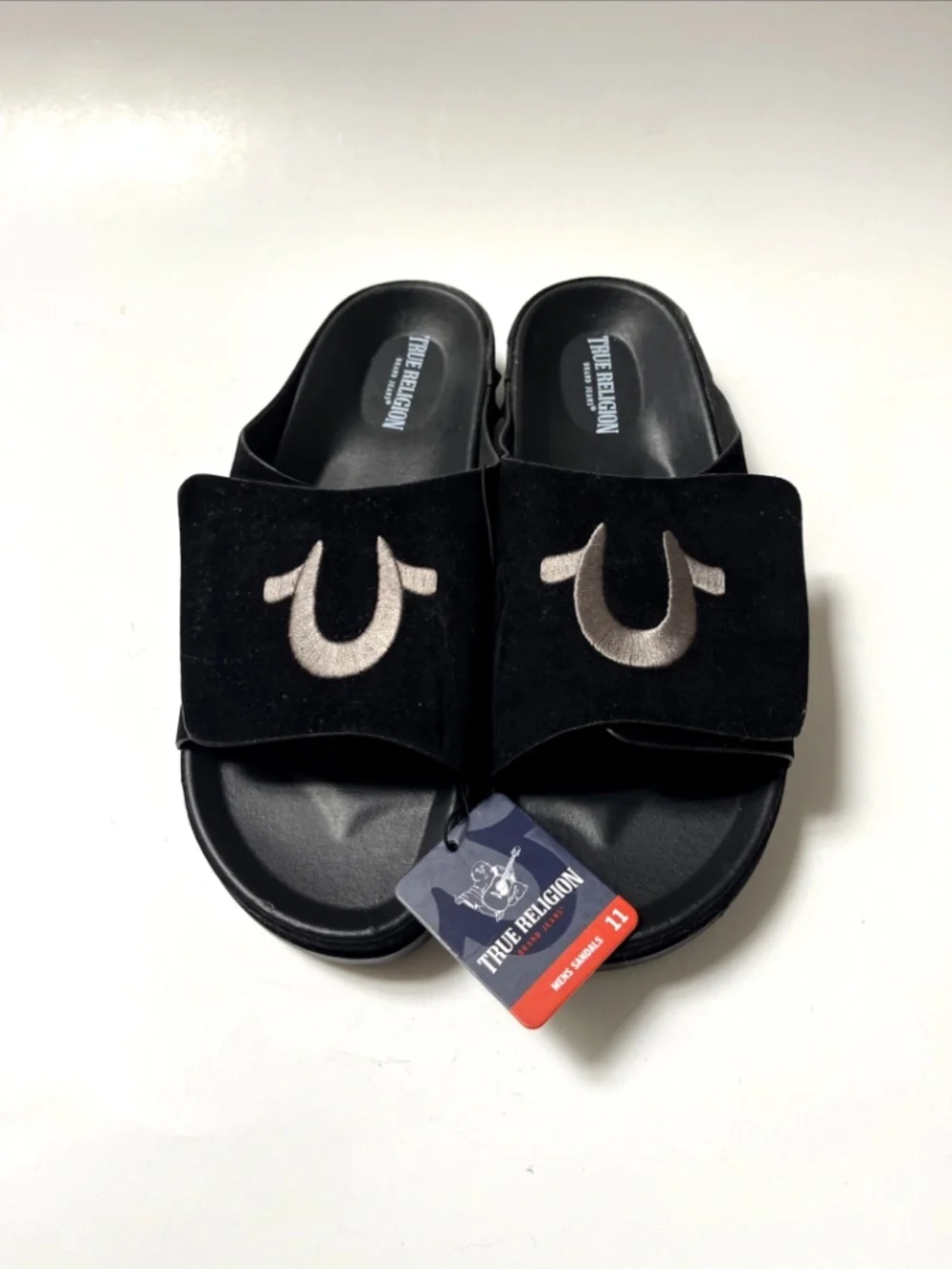 True Religion Biggy Slide Sandals Black Hook Loop Strap Men’s Size 11 NWOB